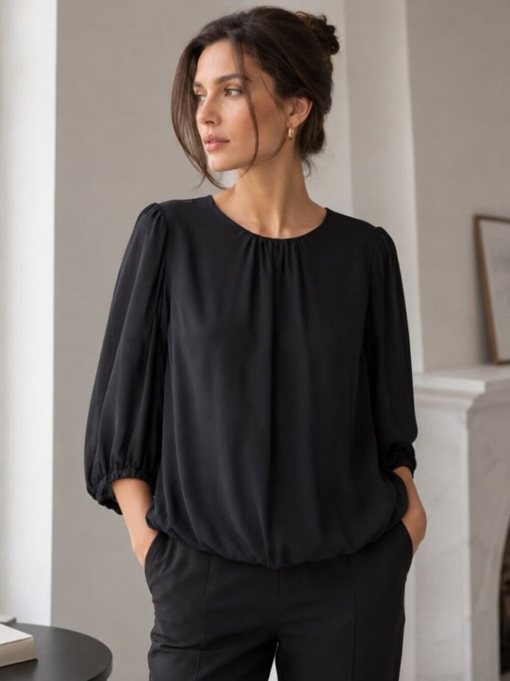 Cassis Silk Blouse Black XL Bubble Hem Career Office Minimalist Quiet Luxury